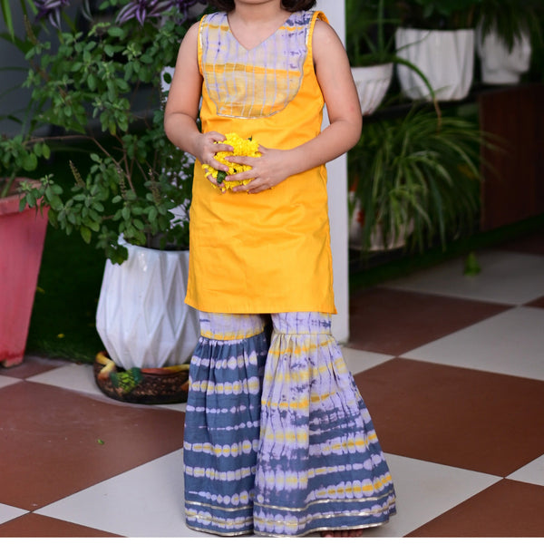 Girls's Yellow & Grey Shibori Sharara Dress  - thesaffronsaga