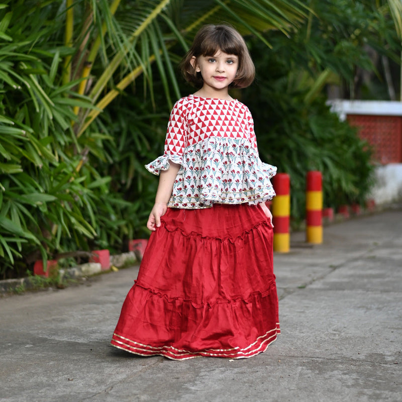 Girl's Red & White Traditional Skirt Top Set  - thesaffronsaga