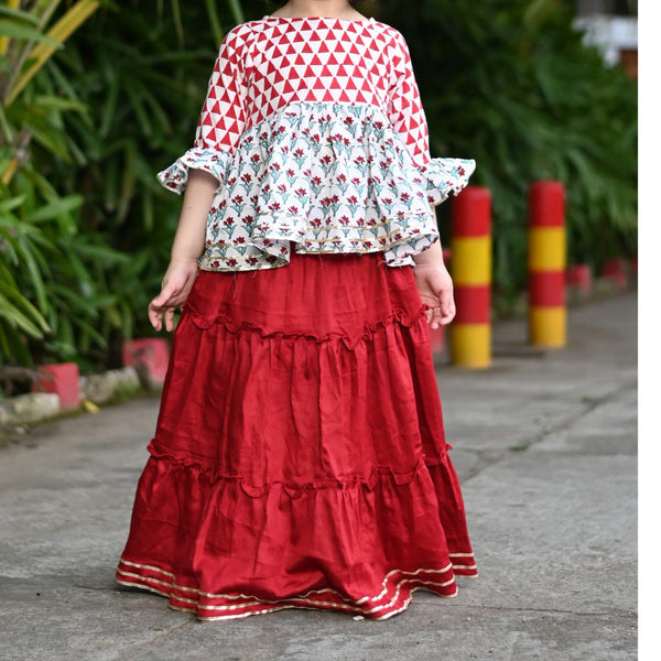 Girl's Red & White Traditional Skirt Top Set  - thesaffronsaga