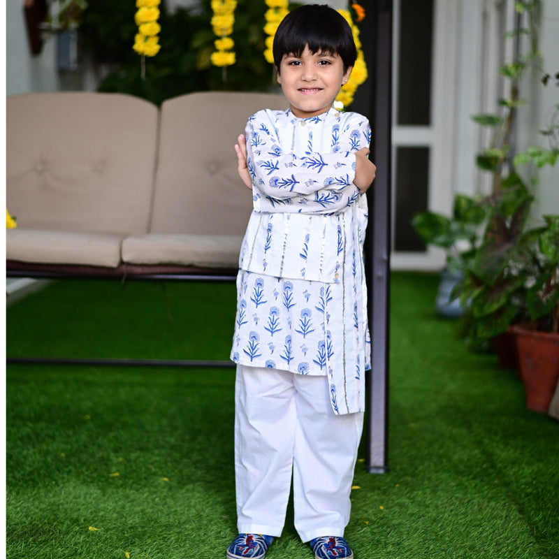 White & Blue Asymmetrical Boy's Kurta Pyjama Set  - thesaffronsaga