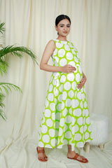 Lime Green Polka Dots Full Flare Dress For New Moms  - thesaffronsaga