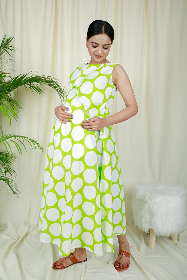 Lime Green Polka Dots Full Flare Dress For New Moms  - thesaffronsaga