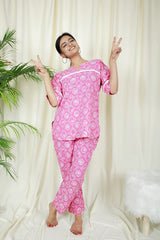 Candy Pink Block Print Pyjama Set  - thesaffronsaga