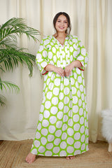 Lime Green White Polka Dot Anadi Collection Kaftan Style Nighty  - thesaffronsaga