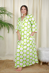 Lime Green White Polka Dot Anadi Collection Kaftan Style Nighty  - thesaffronsaga