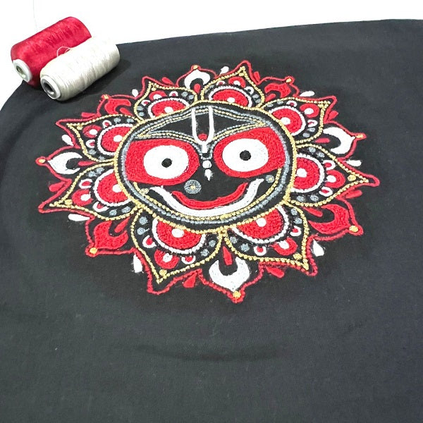 BLACK RED EMBROIDERED MOTIF COTTON BLOUSE MATERIAL  - thesaffronsaga