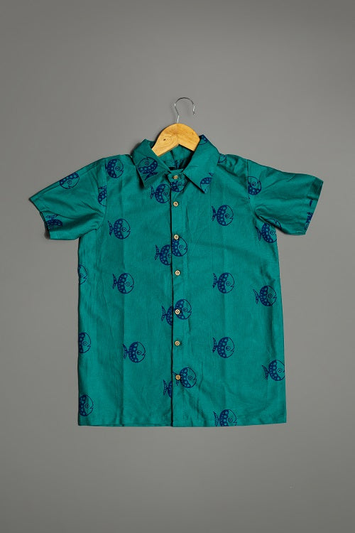 Teal Blue Fish Block Print Cotton Lycra Shirt