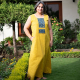 Yellow Sleeveless Kaftan Style Nighty With Ajrakh Patchwork  - thesaffronsaga