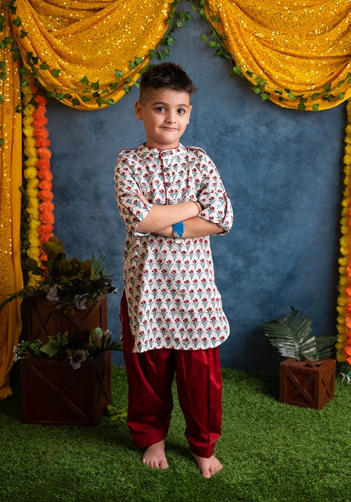 Boy’s White Red Cotton Block Print Pathani Suit set  - thesaffronsaga