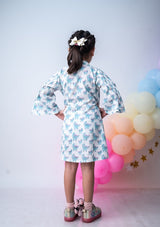 Blue Dino Block Print Cotton Swing Knee Length Dress For Girls  - thesaffronsaga