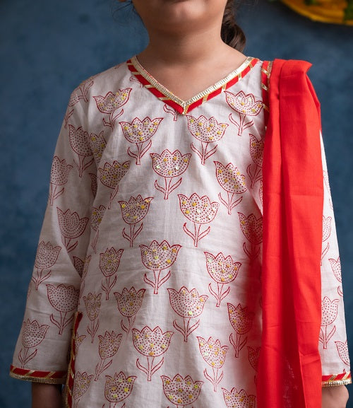 Girl’s Three Piece White Red Embroidered Kurta  Patiyala Salwar Dupatta Set  - thesaffronsaga