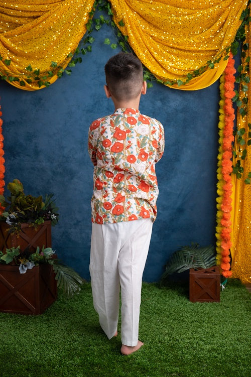 Boy’s Orange White Cotton Block Print Kurta Pyjama Set  - thesaffronsaga