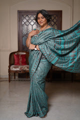 Aryahi - Turquoise Grey Bagru Tussar Silk Handloom Saree  - thesaffronsaga