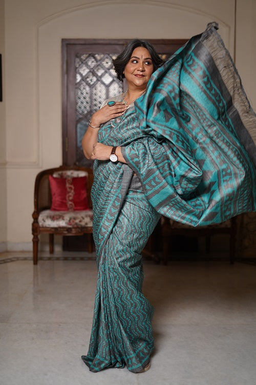 Aryahi - Turquoise Grey Bagru Tussar Silk Handloom Saree  - thesaffronsaga