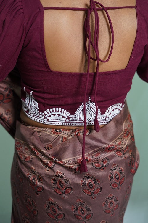 Wine Maroon Alpona Embroidery Cotton Blouse  - thesaffronsaga
