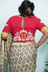 Red Golden Paa Dugga Alpona Embroidery Blouse  - thesaffronsaga