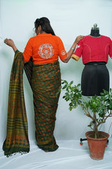 Jyotsana- Green Ajrakh Mulberry Silk Handloom Saree  - thesaffronsaga
