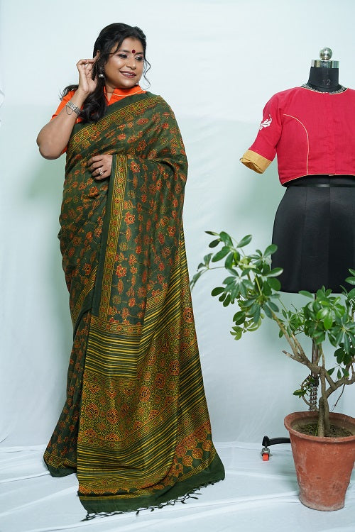 Jyotsana- Green Ajrakh Mulberry Silk Handloom Saree  - thesaffronsaga