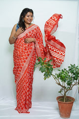 Ujjwala - Scarlet Red White Bagru Mulberry Silk Saree  - thesaffronsaga