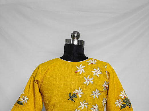 Yellow Parijat Embroidered Cotton Blouse