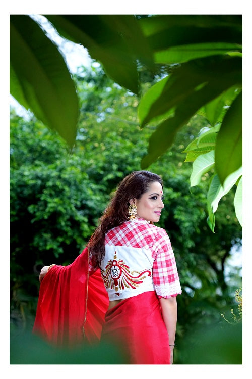 Red White Checks Durga Alpona Embroidery Blouse  - thesaffronsaga