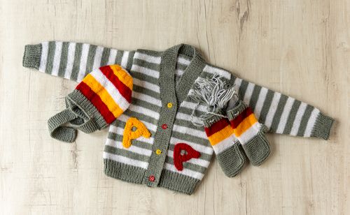 White Strip with Red &  Yellow Hand-Knitted Soft Wollen Infant Set  - thesaffronsaga