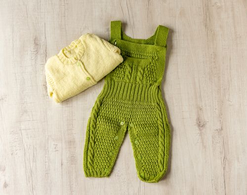 Grass Green Wooden Hand Knitted Dungaree For Infants  - thesaffronsaga