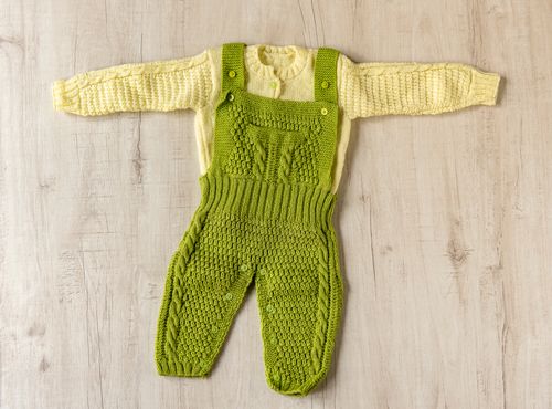 Grass Green Wooden Hand Knitted Dungaree For Infants  - thesaffronsaga