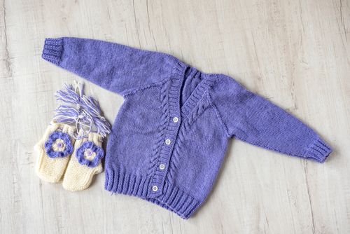 Lavender And White Woollen Hand Knitted Three Piece Infant Set  - thesaffronsaga