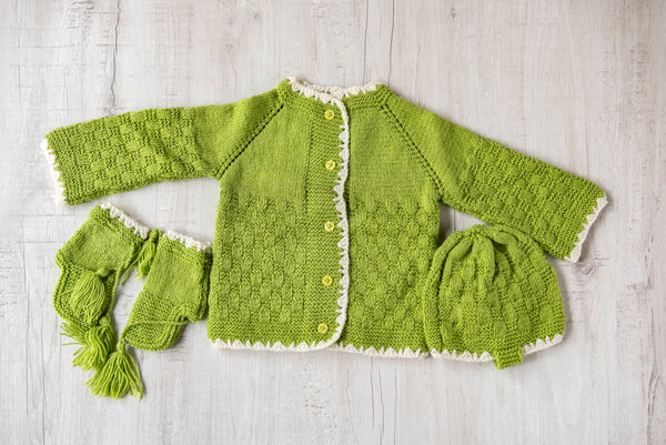 Light Green Woollen Hand Knitted Three Piece Infant Set  - thesaffronsaga