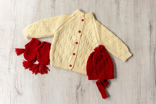Cream & Red Woollen Hand Knitted Three Piece  Infant Set  - thesaffronsaga