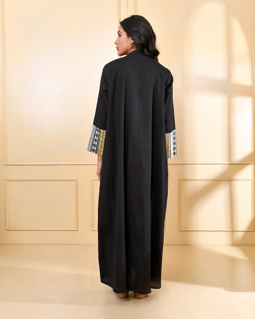 BLACK YELLOW EMBROIDERED SUFIYANA FLOOR LENGTH KAFTAN DRESS