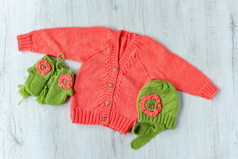 Orange & Green Woollen Hand-Knitted Three Piece Infant Set  - thesaffronsaga