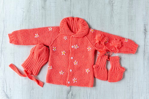 Peach with White floral Hand-Knitted Soft Wollen Infant Set  - thesaffronsaga