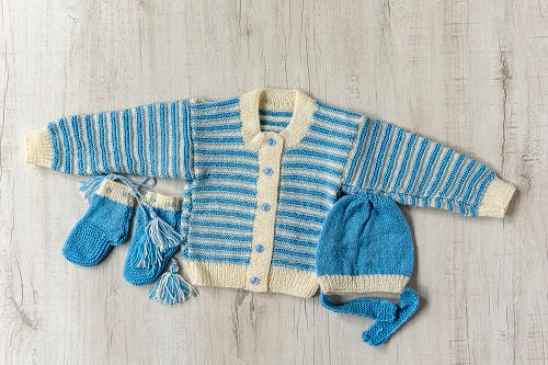 Blue And White Stripes Woollen Hand-Knitted Three Piece Infant Set  - thesaffronsaga