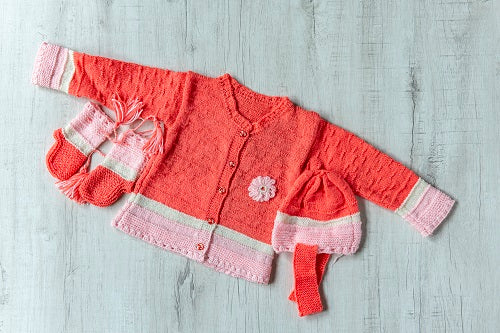 Peach Pink Woollen Hand Knitted Three Piece Infant Set  - thesaffronsaga