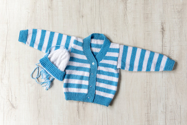 Blue & White  Woollen Hand Knitted Three Piece Infant Set  - thesaffronsaga
