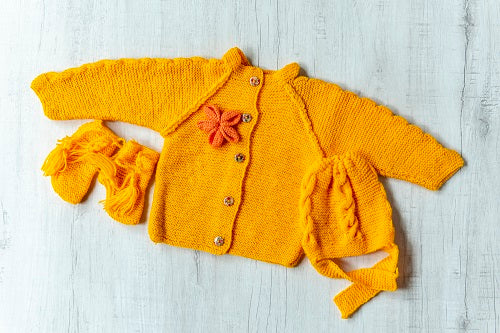 Yellow with orange flower Woollen Hand-Knitted Three Piece Infant Set  - thesaffronsaga