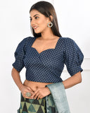 Blue Denim Puffed Sleeve Crop Top Style Blouse