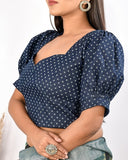 Blue Denim Puffed Sleeve Crop Top Style Blouse