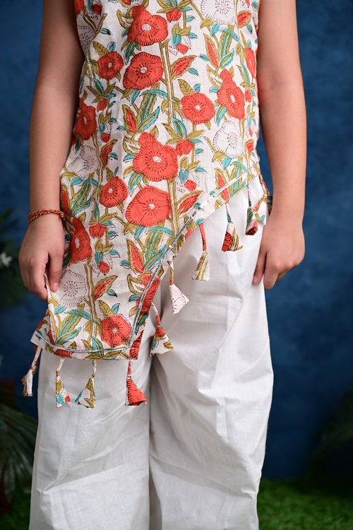 Girl’s Two Piece Orange White Cotton Block Print Kurta With Tassels and Pyjama Set  - thesaffronsaga