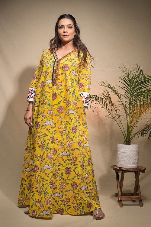 Yellow Floral Block Print Sufiyana Floor Length Kaftan Dress ...