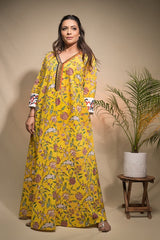 Yellow Floral Block Print Sufiyana Floor Length Kaftan Dress  - thesaffronsaga