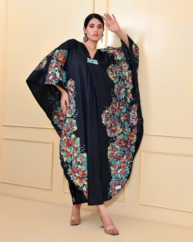 Black Floral Handpainted Designer Luxury Kaftan