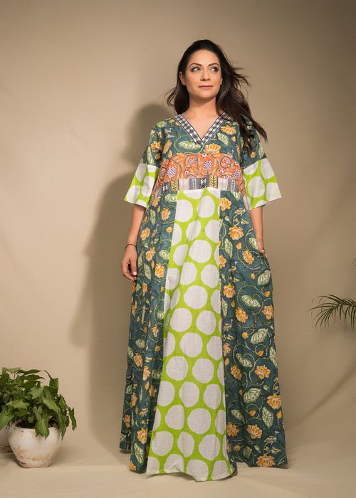 Green Lotus Block Print Panelled Sufiyana Floor Length Kaftan Dress  - thesaffronsaga