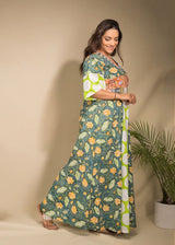 Green Lotus Block Print Panelled Sufiyana Floor Length Kaftan Dress  - thesaffronsaga