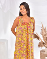 Yellow Floral Sleeveless Pure Cotton Nighty