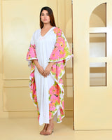 White Floral Handpainted Designer Luxury Kaftan