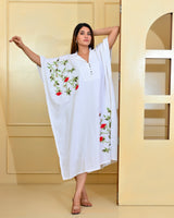 White With  Pink Rose Embroidery Luxury Kaftan