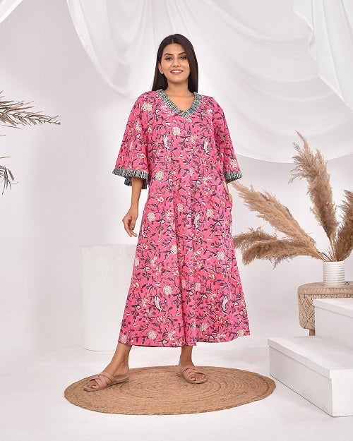 Pink Floral Bell Sleeves Pure Cotton Nighty